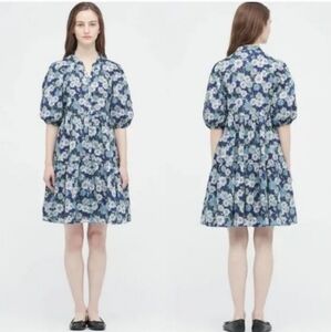 Uniqlo & Paul Joe Dress XL Blue Floral Tiered Buttons A-Line Pocket Puff Sleeve